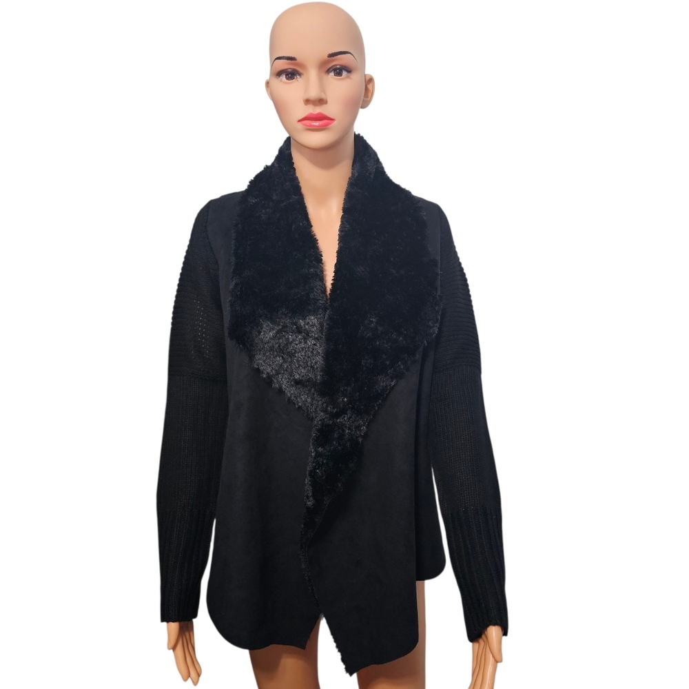 Chelsea & Theodore Black Faux Suede Fur Ribbed Knit Drapey Cardigan Sweater Sz M